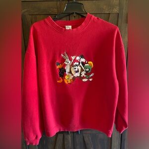 Red Vintage Looney Tunes Crewneck Sweatshirt with Character Embroidery